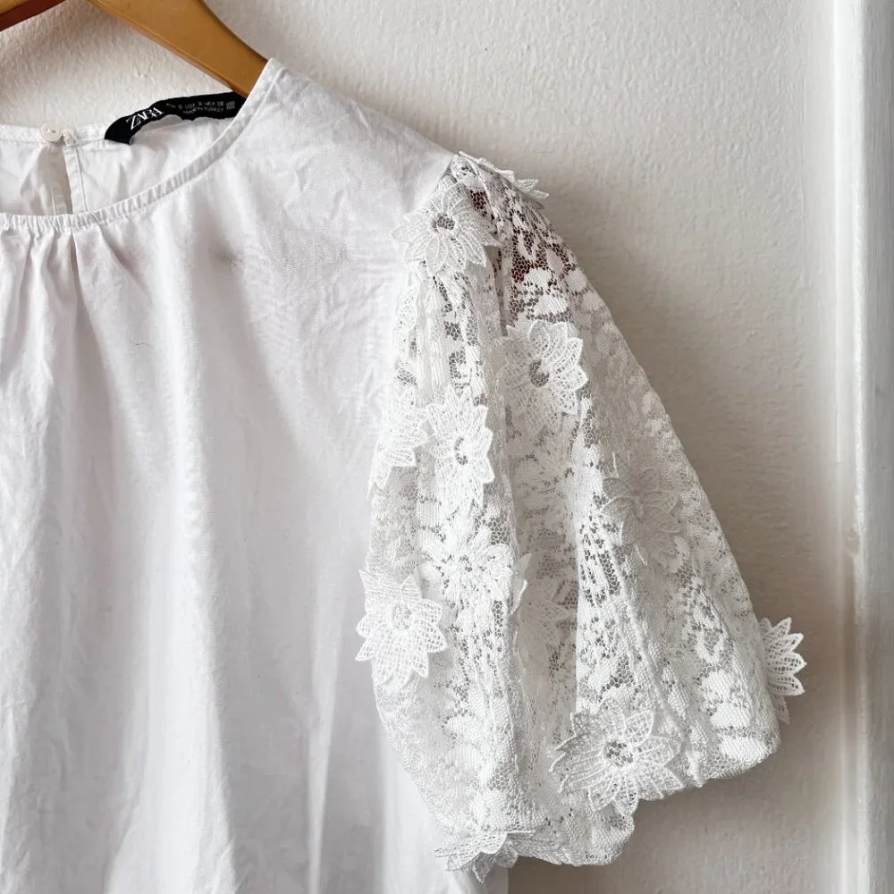 Zara White Embroidered Lace Sleeve Peplum Top